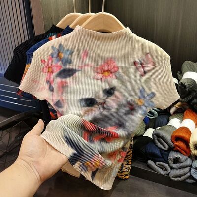 Women's Summer Slim Fit T-Shirt Casual Corn Kernel Cat Print Trendy Short Sleeve Top with Versatile Stand Collar Knitted Fabric