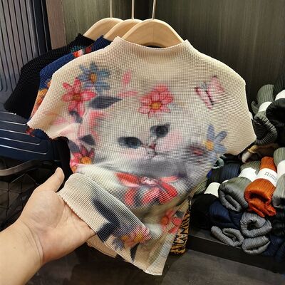 Women's Summer Slim Fit T-Shirt Casual Corn Kernel Cat Print Trendy Short Sleeve Top with Versatile Stand Collar Knitted Fabric