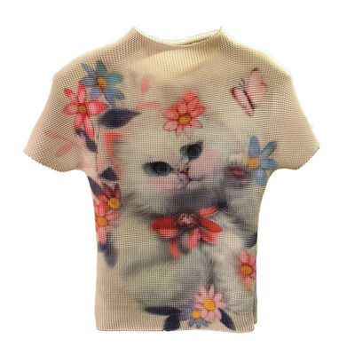 Women's Summer Slim Fit T-Shirt Casual Corn Kernel Cat Print Trendy Short Sleeve Top with Versatile Stand Collar Knitted Fabric