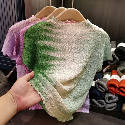 Women's Casual Short Sleeve Thin T-Shirt Gradient Print Tie-Dye Embroidered Top High Elasticity New Fashioned Solid Knitted