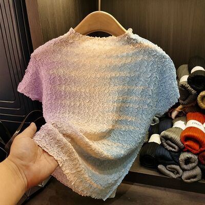 Women's Casual Short Sleeve Thin T-Shirt Gradient Print Tie-Dye Embroidered Top High Elasticity New Fashioned Solid Knitted