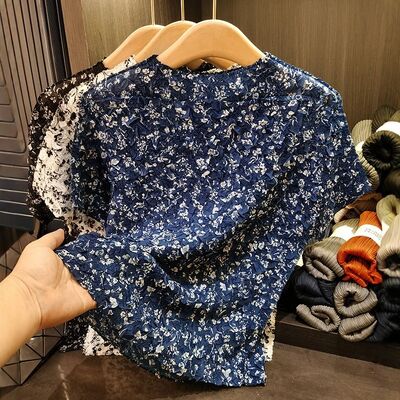 Women's Summer Elegant Casual T-Shirt Pleated Floral Print Small Round Neck Loose Fit Versatile Stylish Made of