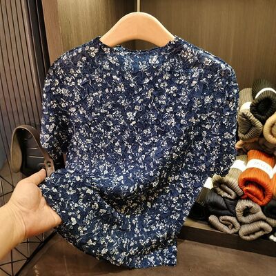 Women's Summer Elegant Casual T-Shirt Pleated Floral Print Small Round Neck Loose Fit Versatile Stylish Made of