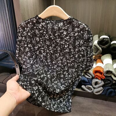 Women's Summer Elegant Casual T-Shirt Pleated Floral Print Small Round Neck Loose Fit Versatile Stylish Made of