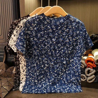 Women's Summer Elegant Casual T-Shirt Pleated Floral Print Small Round Neck Loose Fit Versatile Stylish Made of