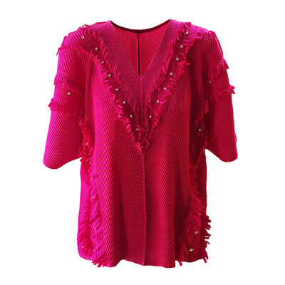 Women's High-End Dragon Scale Pleated V-Neck Top New Design Solid Color Casual Loose Short Sleeve T-Shirt for Spring/Summer