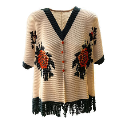 Women's Elegant Retro Dragon Scale Pleated Print V-Neck T-Shirt Loose Fit Summer Casual Solid Contrast Top Tassel Hem Knitted