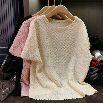 Summer High-End Elegant  Women's Top Youthful Casual Style Pleated Neck Batwing Sleeve T-Shirt Plus Size Solid Loose