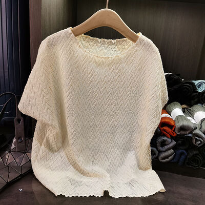 Summer High-End Elegant  Women's Top Youthful Casual Style Pleated Neck Batwing Sleeve T-Shirt Plus Size Solid Loose