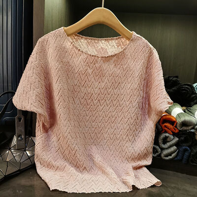 Summer High-End Elegant  Women's Top Youthful Casual Style Pleated Neck Batwing Sleeve T-Shirt Plus Size Solid Loose