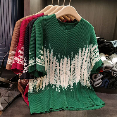 High-End Summer Elegant Fashion Women's T-Shirt Dragon Scale Pleated Color-Block Print Loose Simple Versatile Plus Size