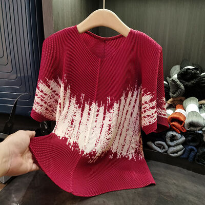 High-End Summer Elegant Fashion Women's T-Shirt Dragon Scale Pleated Color-Block Print Loose Simple Versatile Plus Size