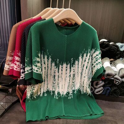 High-End Summer Elegant Fashion Women's T-Shirt Dragon Scale Pleated Color-Block Print Loose Simple Versatile Plus Size