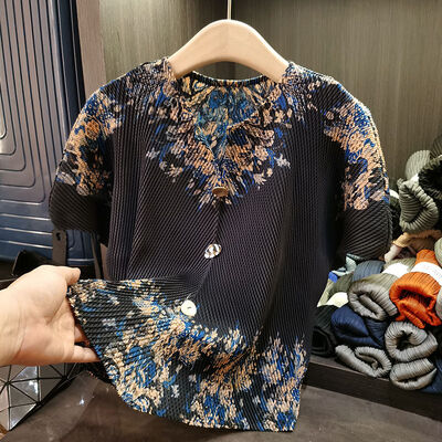 Printing High-End Women's Spring Summer Top Dragon Scale Pleated Three-Button Printed Elegant Loose Casual T-Shirt Knitted Fabric