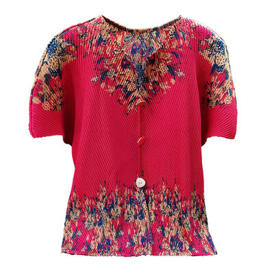 Printing High-End Women's Spring Summer Top Dragon Scale Pleated Three-Button Printed Elegant Loose Casual T-Shirt Knitted Fabric