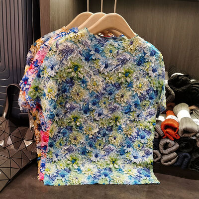 Printing Women's Summer Short Sleeve T-Shirt Chic Small Flower Print Breathable Velvet Fabric Chic Beautiful Loose Fit Long Length