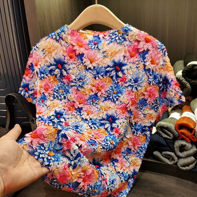 Printing Women's Summer Short Sleeve T-Shirt Chic Small Flower Print Breathable Velvet Fabric Chic Beautiful Loose Fit Long Length