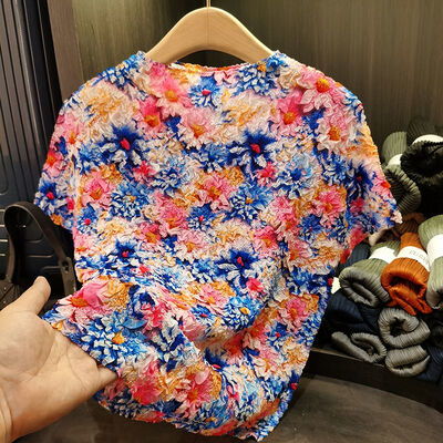 Printing Women's Summer Short Sleeve T-Shirt Chic Small Flower Print Breathable Velvet Fabric Chic Beautiful Loose Fit Long Length