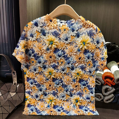 Printing Women's Summer Short Sleeve T-Shirt Chic Small Flower Print Breathable Velvet Fabric Chic Beautiful Loose Fit Long Length