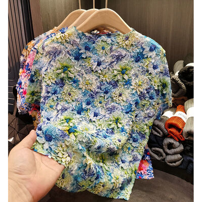 Printing Women's Summer Short Sleeve T-Shirt Chic Small Flower Print Breathable Velvet Fabric Chic Beautiful Loose Fit Long Length