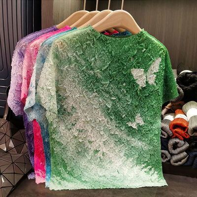 Niche Versatile Summer Casual Top Lightweight Chiffon Velvet Pleated Gradient Tie-Dye Print Anti-Pilling Geometric Short Loose