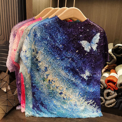 Niche Versatile Summer Casual Top Lightweight Chiffon Velvet Pleated Gradient Tie-Dye Print Anti-Pilling Geometric Short Loose