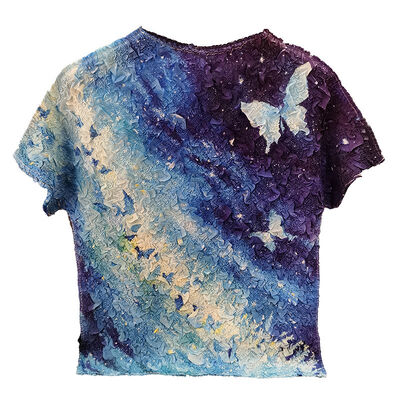 Niche Versatile Summer Casual Top Lightweight Chiffon Velvet Pleated Gradient Tie-Dye Print Anti-Pilling Geometric Short Loose