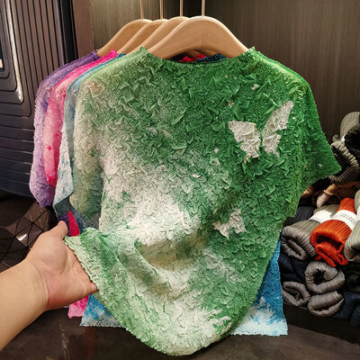 Niche Versatile Summer Casual Top Lightweight Chiffon Velvet Pleated Gradient Tie-Dye Print Anti-Pilling Geometric Short Loose