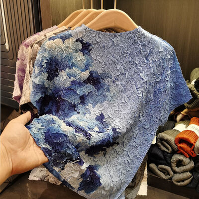 Women's Summer Loose Printing Design Printed Pleated Top Short Sleeve T-Shirt Versatile Casual Made Breathable Thin Chiffon Velvet