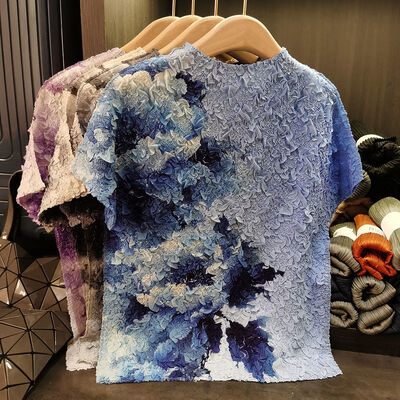 Women's Summer Loose Printing Design Printed Pleated Top Short Sleeve T-Shirt Versatile Casual Made Breathable Thin Chiffon Velvet