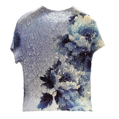 Women's Summer Loose Printing Design Printed Pleated Top Short Sleeve T-Shirt Versatile Casual Made Breathable Thin Chiffon Velvet