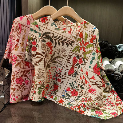 Printing Women's Spring Summer Top New Design Irregular Pleated T-Shirt Chinese Style Printed Versatile Slimming Breathable