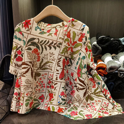 Printing Women's Spring Summer Top New Design Irregular Pleated T-Shirt Chinese Style Printed Versatile Slimming Breathable