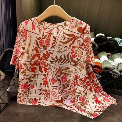 Printing Women's Spring Summer Top New Design Irregular Pleated T-Shirt Chinese Style Printed Versatile Slimming Breathable