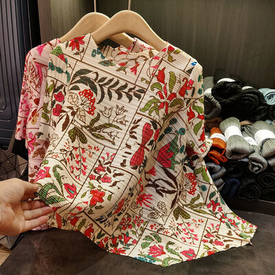 Printing Women's Spring Summer Top New Design Irregular Pleated T-Shirt Chinese Style Printed Versatile Slimming Breathable