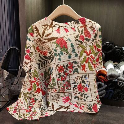 Printing Women's Spring Summer Top New Design Irregular Pleated T-Shirt Chinese Style Printed Versatile Slimming Breathable