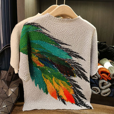 Women's Summer Slimming Reversible Pleated Top T-Shirt Lightweight Elegant Casual Short Sleeve Feather Print Loose Anti-Pilling