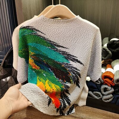 Women's Summer Slimming Reversible Pleated Top T-Shirt Lightweight Elegant Casual Short Sleeve Feather Print Loose Anti-Pilling