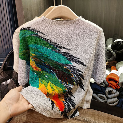 Women's Summer Slimming Reversible Pleated Top T-Shirt Lightweight Elegant Casual Short Sleeve Feather Print Loose Anti-Pilling