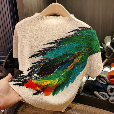 Women's Summer Slimming Reversible Pleated Top T-Shirt Lightweight Elegant Casual Short Sleeve Feather Print Loose Anti-Pilling