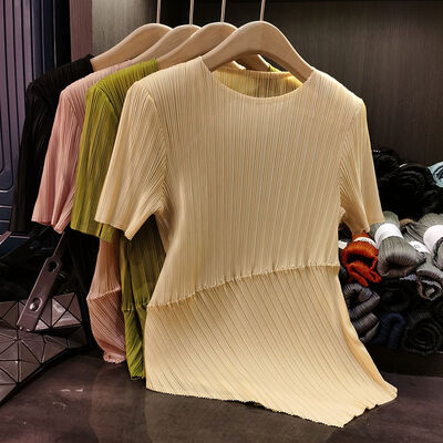 Miyake's New Summer Women's Clothing Elegant Versatile Asymmetrical Loose Large Size Solid Pattern Short-Sleeved Tops for Office