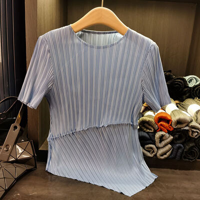 Miyake's New Summer Women's Clothing Elegant Versatile Asymmetrical Loose Large Size Solid Pattern Short-Sleeved Tops for Office