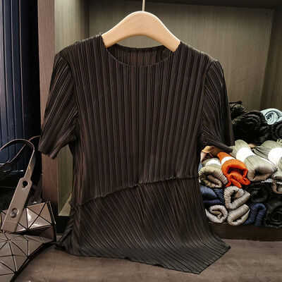 Miyake's New Summer Women's Clothing Elegant Versatile Asymmetrical Loose Large Size Solid Pattern Short-Sleeved Tops for Office