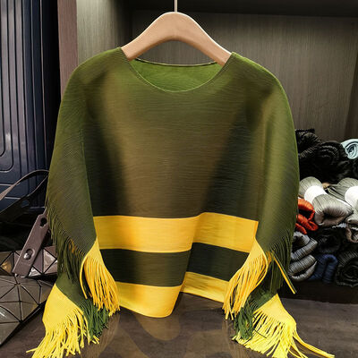 Niche Design Summer Pleated Top for Women Casual Loose Plus Size Neck Cape Tassel Color Block Made Polyester Knitted