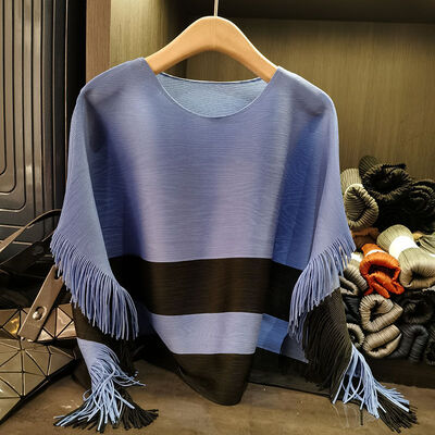 Niche Design Summer Pleated Top for Women Casual Loose Plus Size Neck Cape Tassel Color Block Made Polyester Knitted