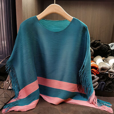 Niche Design Summer Pleated Top for Women Casual Loose Plus Size Neck Cape Tassel Color Block Made Polyester Knitted