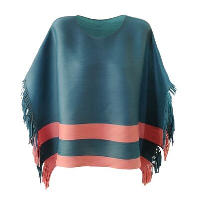 Niche Design Summer Pleated Top for Women Casual Loose Plus Size Neck Cape Tassel Color Block Made Polyester Knitted