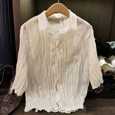 Women's Cotton Breathable  Top Turn-Down Collar Pleated Design Versatile Solid Color Long