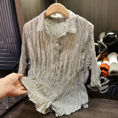 Women's Cotton Breathable  Top Turn-Down Collar Pleated Design Versatile Solid Color Long