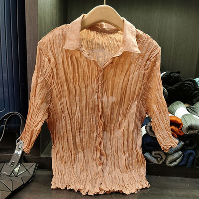 Women's Cotton Breathable  Top Turn-Down Collar Pleated Design Versatile Solid Color Long